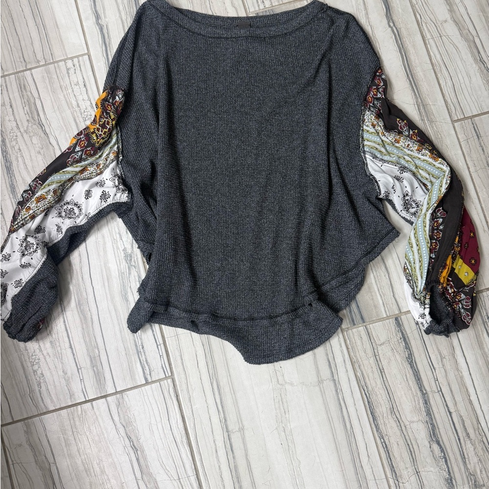 Free People Gray Top with Patterned Sleeves